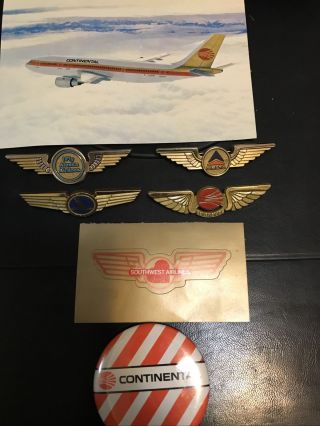 Vtg Airline Collectible Pins,  Postcard & Sticker.  Continental,  Delta,  Alaska,  Sw
