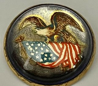 Antique Eagle & Flag - Horse Bridle Rosette Glass Dome Brass Pin Brooch