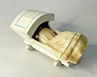 Antique Miniature Porcelain Bisque Baby Doll In Old Wooden Crib (for Repair)