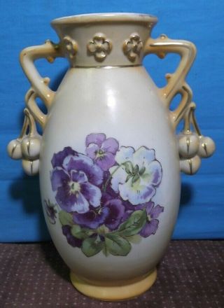 Vintage Victorian Era Austrian Vase W/hand Painted Purple Violets Flower Design