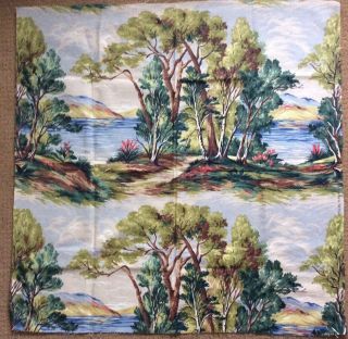 Vintage Mid Century Barkcloth Fabric Remnant Landscape Trees Water 34” X 34”