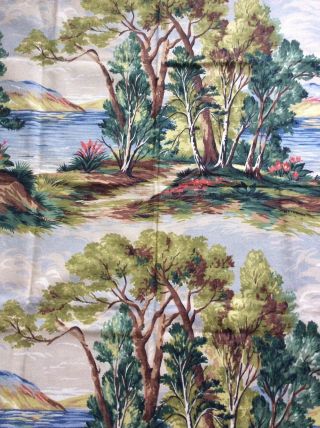 Vintage Mid Century Barkcloth Fabric Remnant Landscape Trees Water 34” x 34” 2