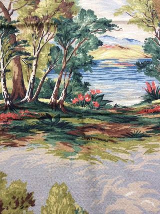 Vintage Mid Century Barkcloth Fabric Remnant Landscape Trees Water 34” x 34” 3