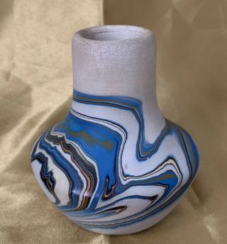Vintage Nemadji Swirl Pottery Vase Southwest Decor Clay Blue & Gold Swirls