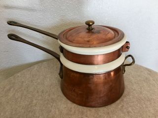 Vintage Waldow Copper Double Boiler With Brass Handles Porcelain Insert Cookware