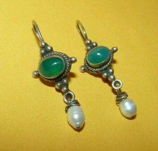 Vintage Sterling Silver " 925 " W/ Green Agate & Freshwater Pearl Dangle Earrings