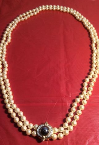 Vintage Joan Rivers Knotted 30” Double Strand Faux Pearl Necklace W Rhinestones