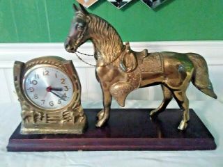 Vintage Sessions Mantel Brass Horse & Clock On Wood Base Needs Tinkering