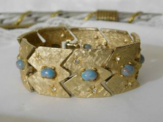 Vintage Wide Brushed Gold Bracelet,  Clear Rhinestones And Turquoise Blue Caps