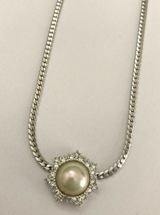 Vintage Christian Dior Silver Tone Chain Clear Rhinestone & Faux Pearl Necklace