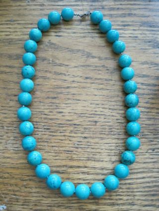 Vintage 16 " Big Round Turquoise Bead Necklace Sterling Clasp & Spacers