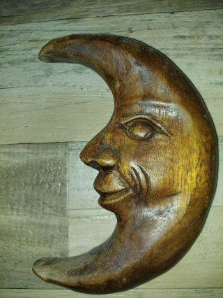 Vintage Wood Carved Crescent Half Moon Face