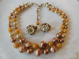 Vintage Tan/taupe Beaded Bib Necklace And Cluster Earrings Set