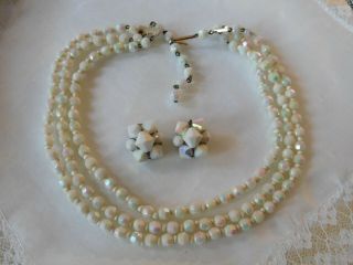 Vintage White Glass Beaded Bib Necklace And Cluster Earrings Set
