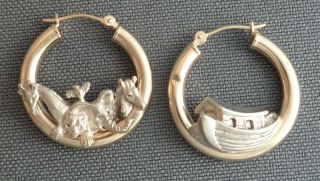 Vintage Pbd Peter Brams 14k Yellow Gold Sterling Silver Noahs Ark Hoop Earrings