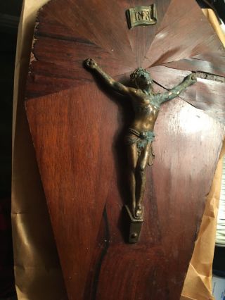 Vintage Crucifix Inri Wall Hanging Wood Metal Jesus On Cross