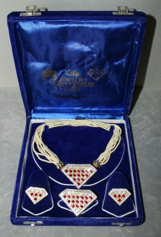 Vintage Rhinestone & Faux Pearl Choker Necklace W/ Brooch & Clip - On Earrings Set