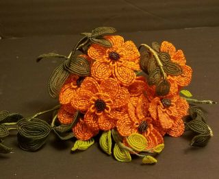 Vintage Glass Seed Bead Flowers Poppies And Leaves 16 Stems