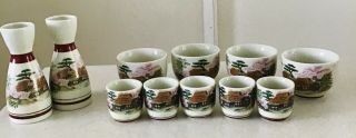 Vintage Porcelain Japanese Sake Set Cherry Blossoms Pagoda 11pc