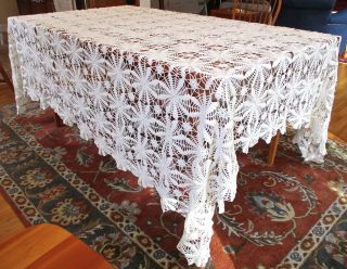 Vintage Hand Crocheted Off - White Cotton Table Or Bed Cover 88 " By 80 "