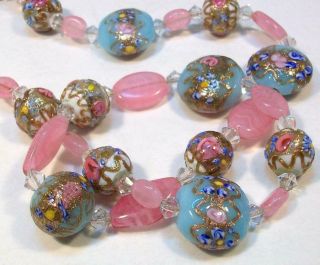 Vtg Murano Wedding Cake Venetian Art Glass Bead Necklace & Earrings Pink Blue