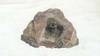 Vtg Brazil Cut Geode Rock Mineral W Pewter Miner W Pick Inside Specemin Stones