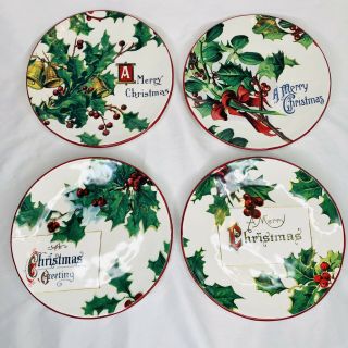 Williams Sonoma 4 Vintage Postcard Dessert Plates Set Christmas Holly Euc