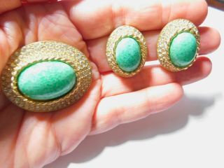 Signed Bellini Green Marbled Glass Clear Rhinestone Brooch Earring Set Vintage