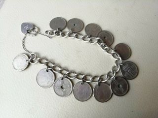 Vintage jewellery silver bracelet hallmarked chain 1973 Norway coins padlock 2