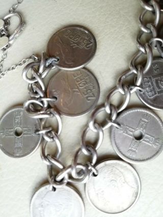 Vintage jewellery silver bracelet hallmarked chain 1973 Norway coins padlock 3