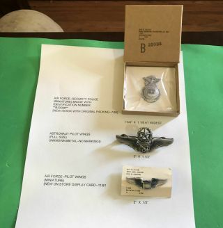 Vintage Air Force Security Police Badge; Astronaut Pilot Wings; And Pilot Wings