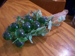Vintage Mid Century Modern Large Green Lucite Glass Grape Cluster On Driftwood