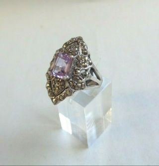 Vintage Nf Sterling Silver 925 Purple Amethyst Stone Marcasite Ring Sz 7