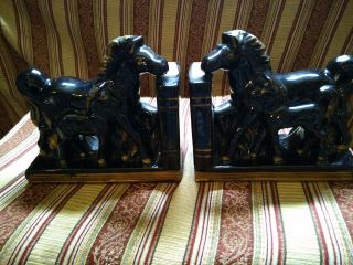 Vintage Horse & Foal Book Ends Equestrian Black Gold Victorian Study Style