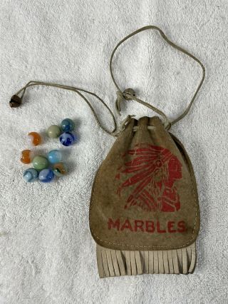 Vintage Suede Leather Marble Pouch Indian Chief W/fringe Drawstring & 10 Marbles
