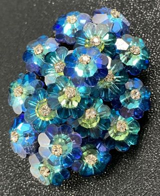 Vintage Brooch Pin 2.  5” Blue Green Ab Floral Faceted Crystal Beads Lot1