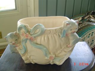 Vintage Large Ceramic Planter Lovely Pastel Blue & White Kittens,  Baby Pants