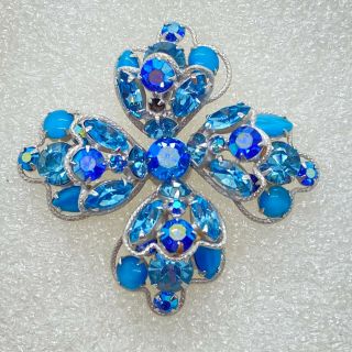 Signed Regency Vintage Flower Brooch Pin Blue Ab Rhinestone Costume Jewelry
