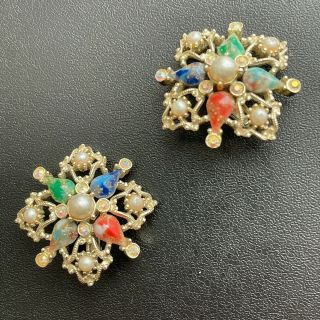 Signed Sarah Cov Vintage Pearl Ab Rhinestone Flower Gold Tone Clip Earrings 497