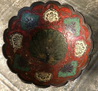 Vintage Enamel On Brass Bowl With Peacock And Fan Design,  Scalloped Edge 4.  5”