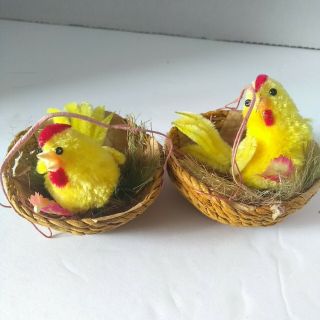 Vintage Pipe Cleaner Chenille Chicks In Nest Easter Decorations Very Cute
