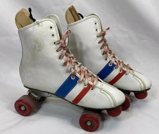 Vintage Official Roller Derby Skates White Blue Red Fireball Wheels Women 