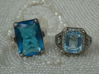 2 Vintage Sterling Silver Ladies Rings Set With Large Blue Stones Cocktail