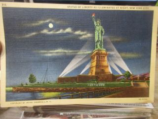 Vintage Old Postcard York City Statue Of Liberty At Night Fort Wood Light Up