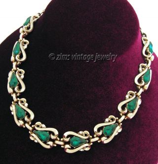 Vintage 1950’s Coro Signed Emerald Green Rhinestone Gold Link Choker Necklace