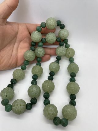 Vintage Extra Long Strand Of Large Carved Green Jade Bead Necklace