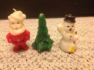 3 Vtg Gurley Christmas Tree Candle 3 1/4 " Green W/glitter & Santa Snowman W/tags