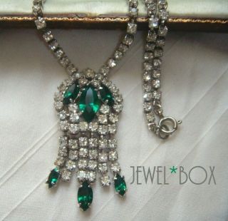 Vintage Marquise Emerald Crystal Clear Rhinestone Tassel Dropper Necklace