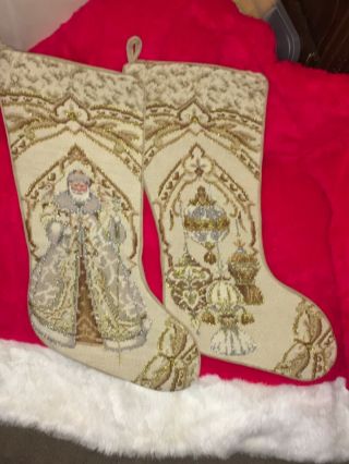 Vintage Sferra Handmade Needlepoint Christmas Stockings Gold & White Set Of 2