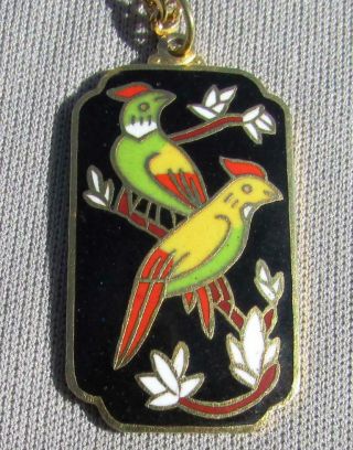 Vintage 2 Multi Color Enamel Birds On Flower Branches Pendant Necklace W/ Chain
